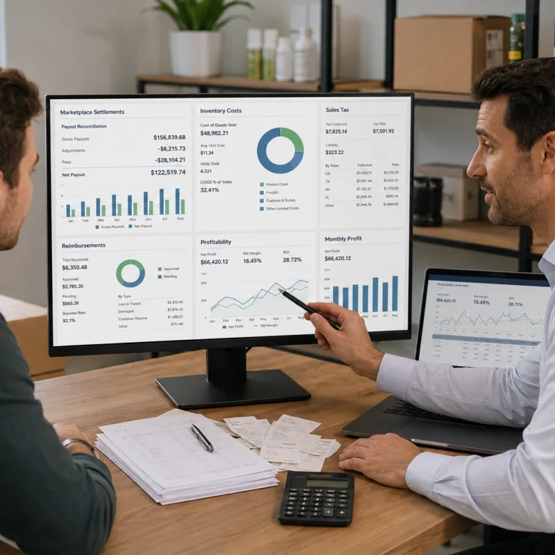 Amazon FBA accountant reviewing marketplace settlements, inventory costs, and ecommerce financial data.