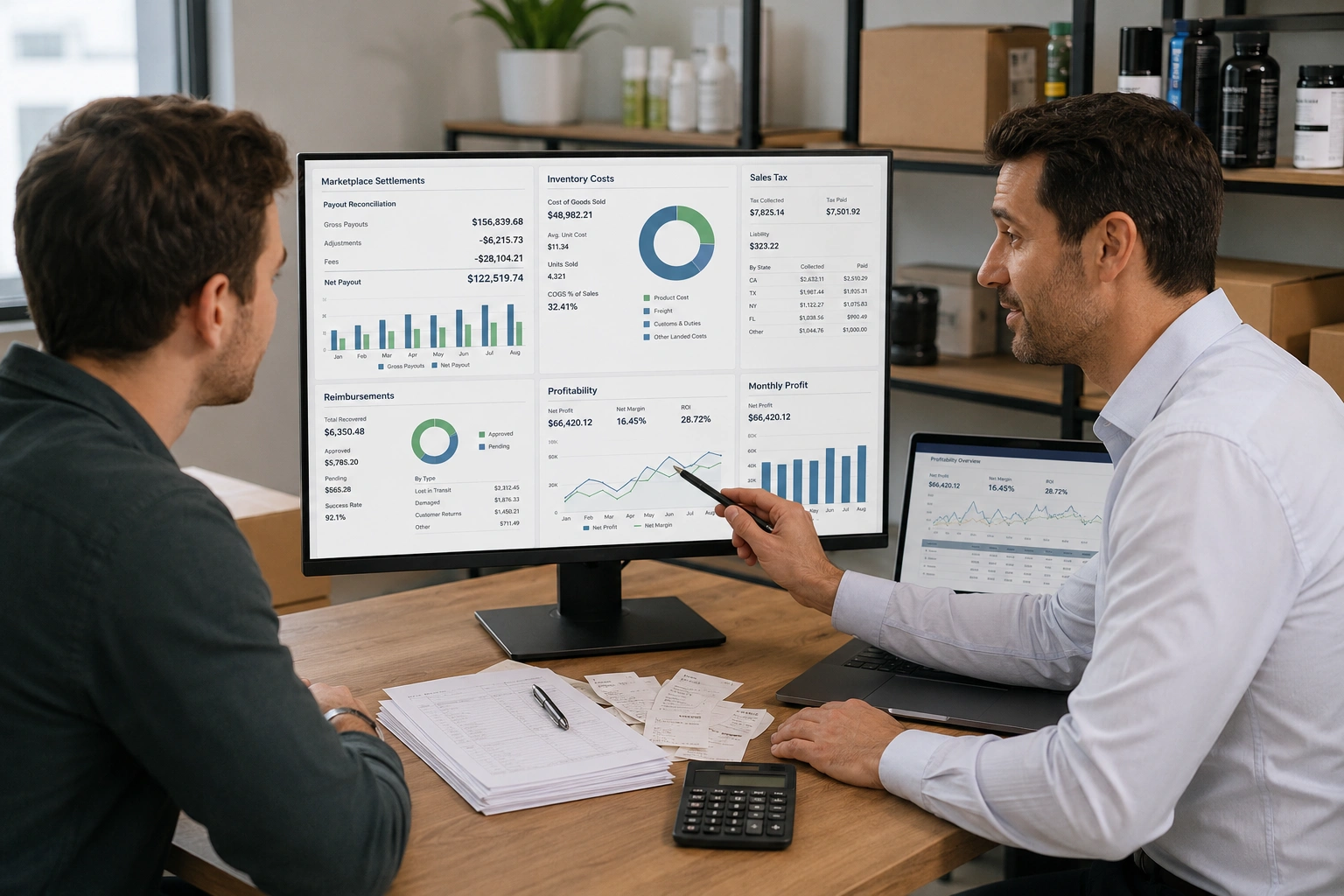 Amazon FBA accountant reviewing marketplace settlements, inventory costs, and ecommerce financial data.