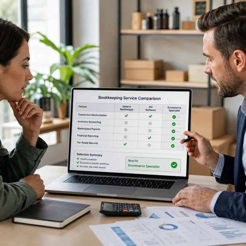 Amazon seller comparing specialized bookkeeping services for ecommerce accounting needs.