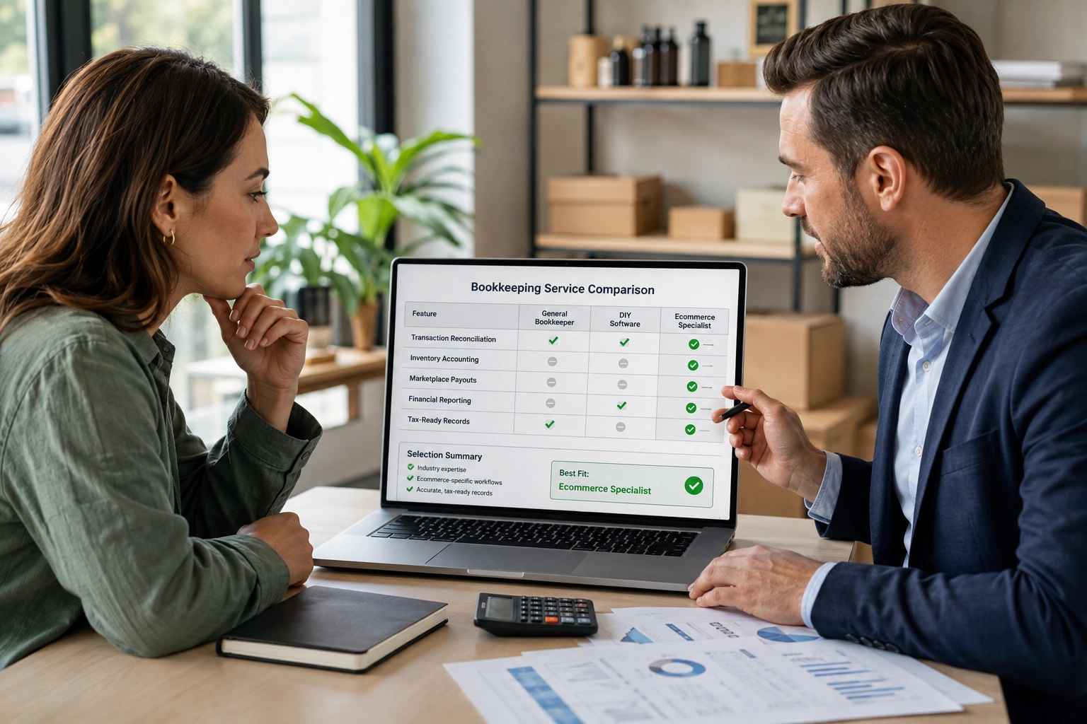Amazon seller comparing specialized bookkeeping services for ecommerce accounting needs.