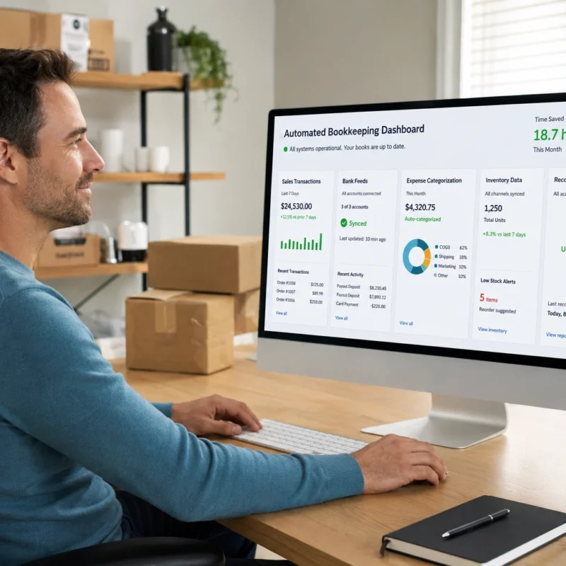 Amazon seller using automated bookkeeping software to manage sales, expenses, and reconciliations.