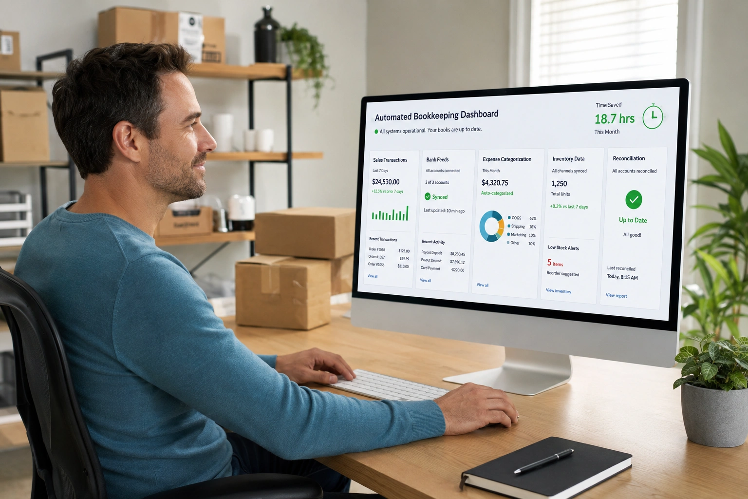 Amazon seller using automated bookkeeping software to manage sales, expenses, and reconciliations.