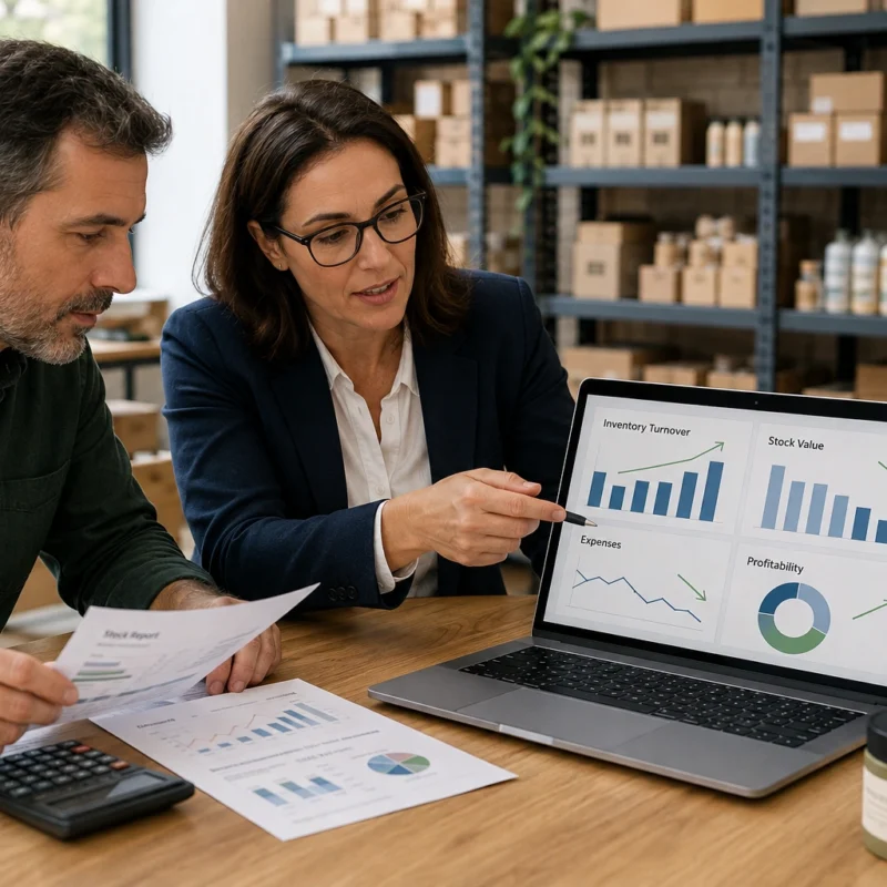Business owner analyzing inventory cash flow and profitability with an accountant.