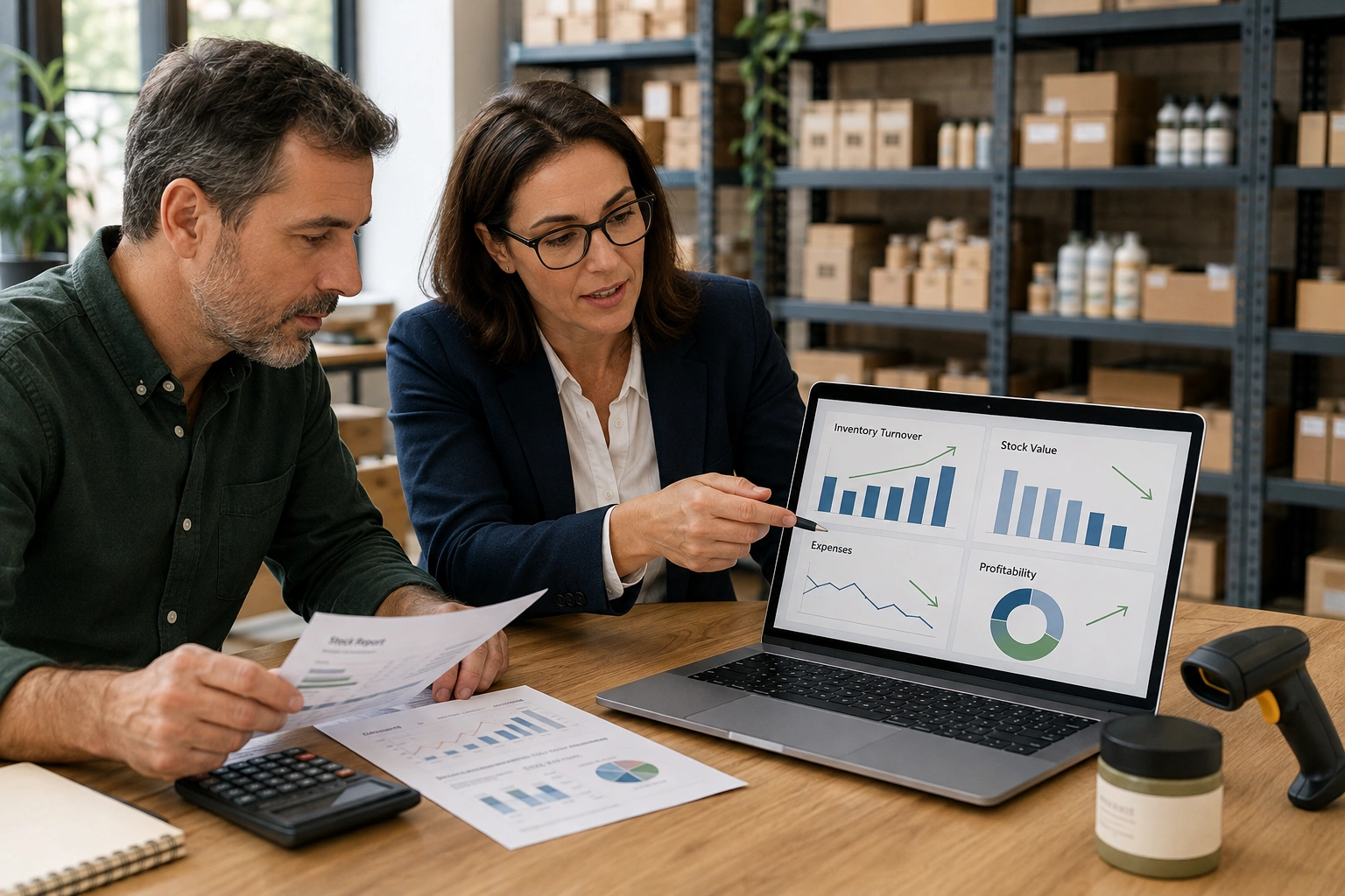 Business owner analyzing inventory cash flow and profitability with an accountant.