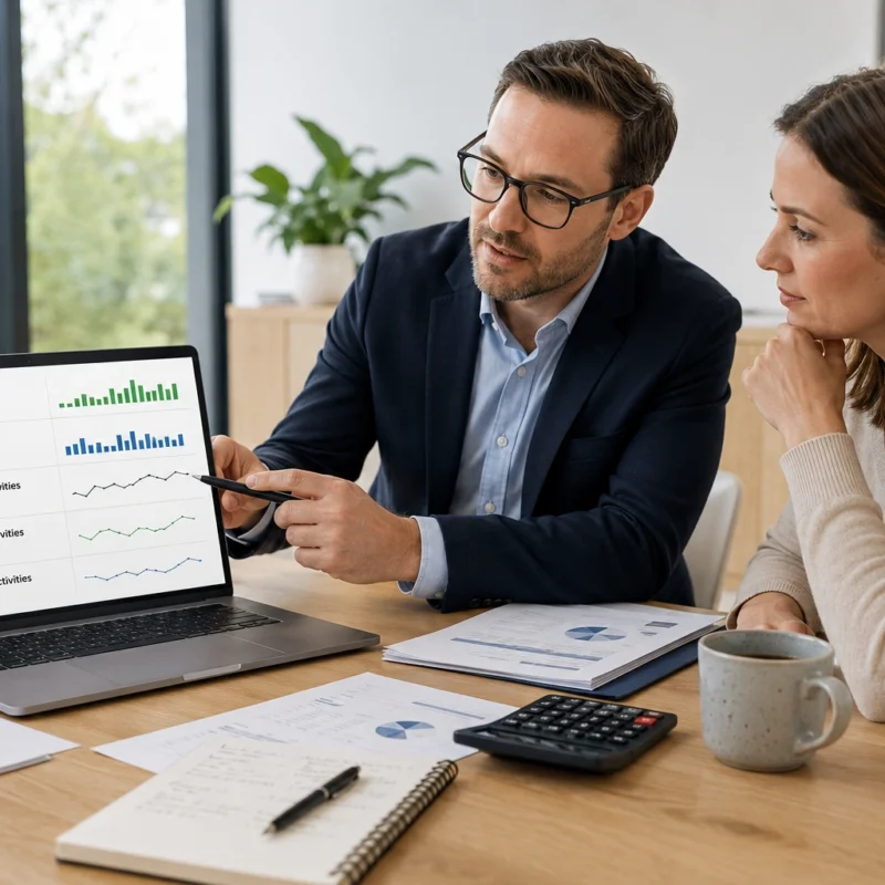 Business owner reviewing a cash flow statement with an accountant in a modern office.