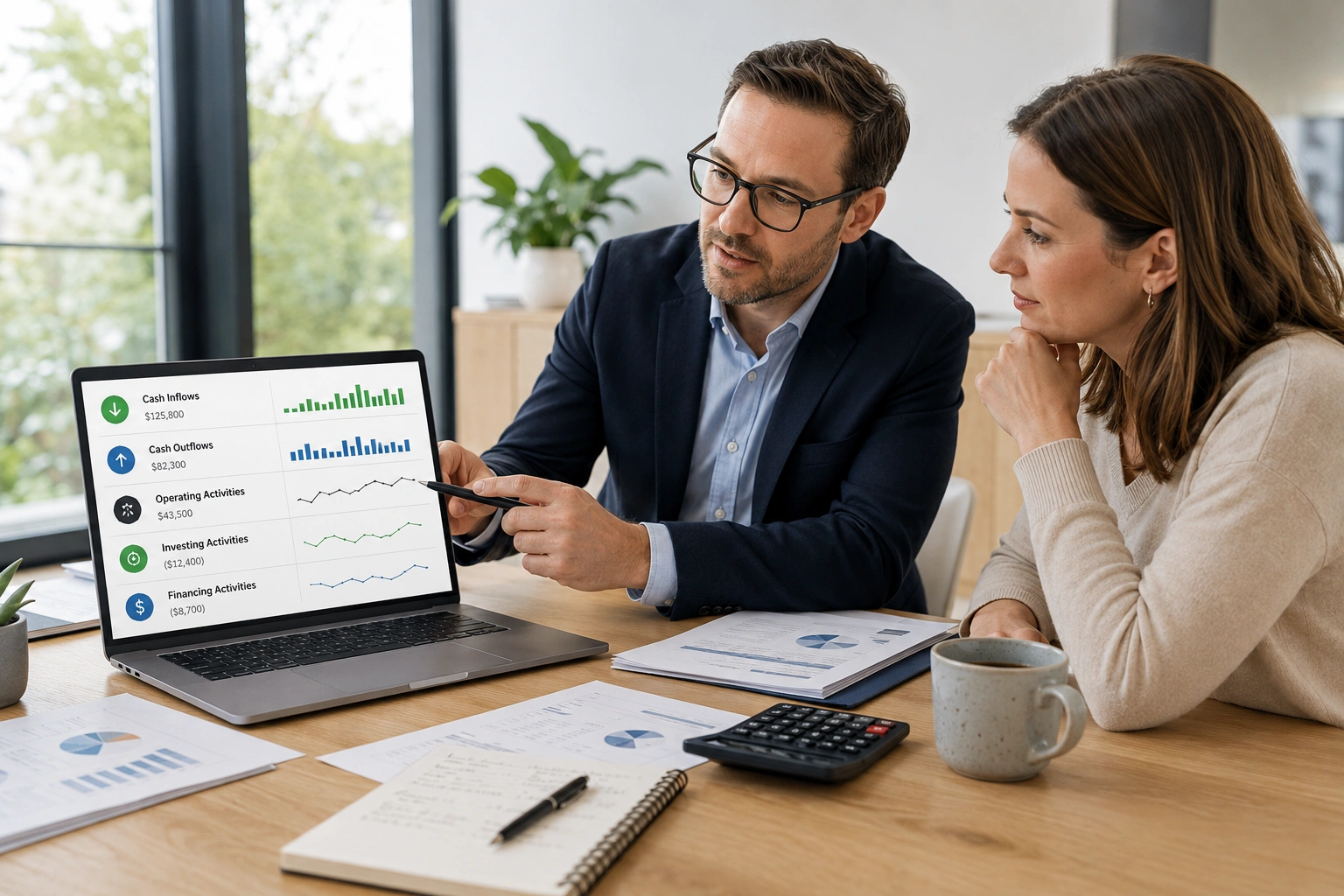 Business owner reviewing a cash flow statement with an accountant in a modern office.