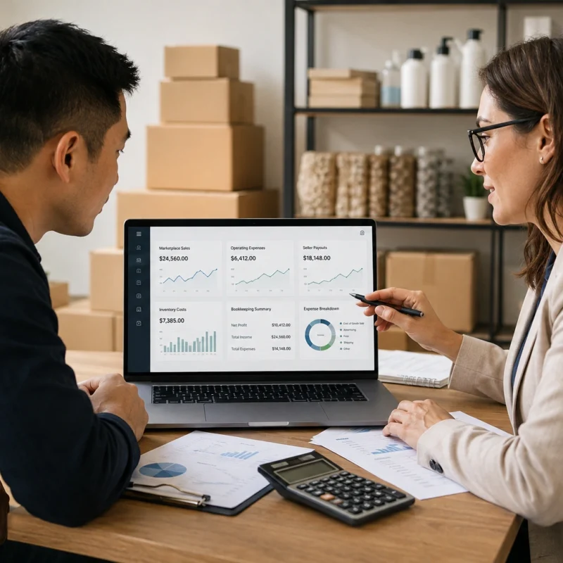 Amazon seller meeting with an accountant to review ecommerce bookkeeping and financial records.