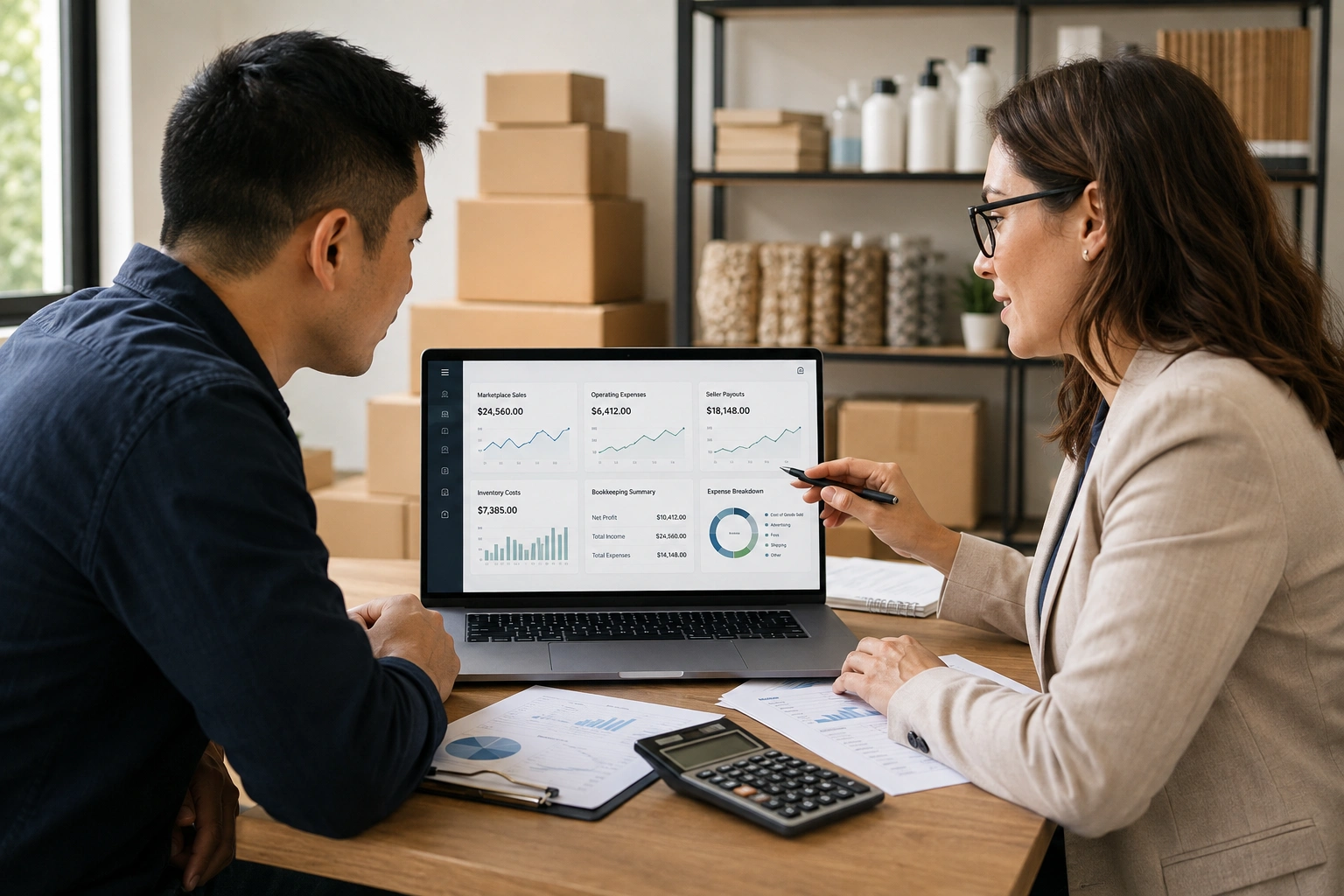 Amazon seller meeting with an accountant to review ecommerce bookkeeping and financial records.
