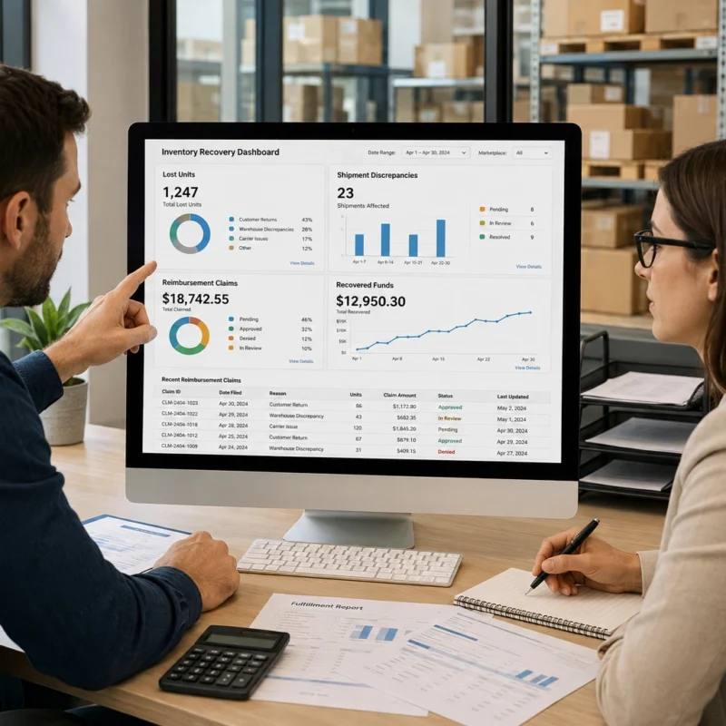 Amazon FBA seller reviewing lost inventory records and reimbursement claims.