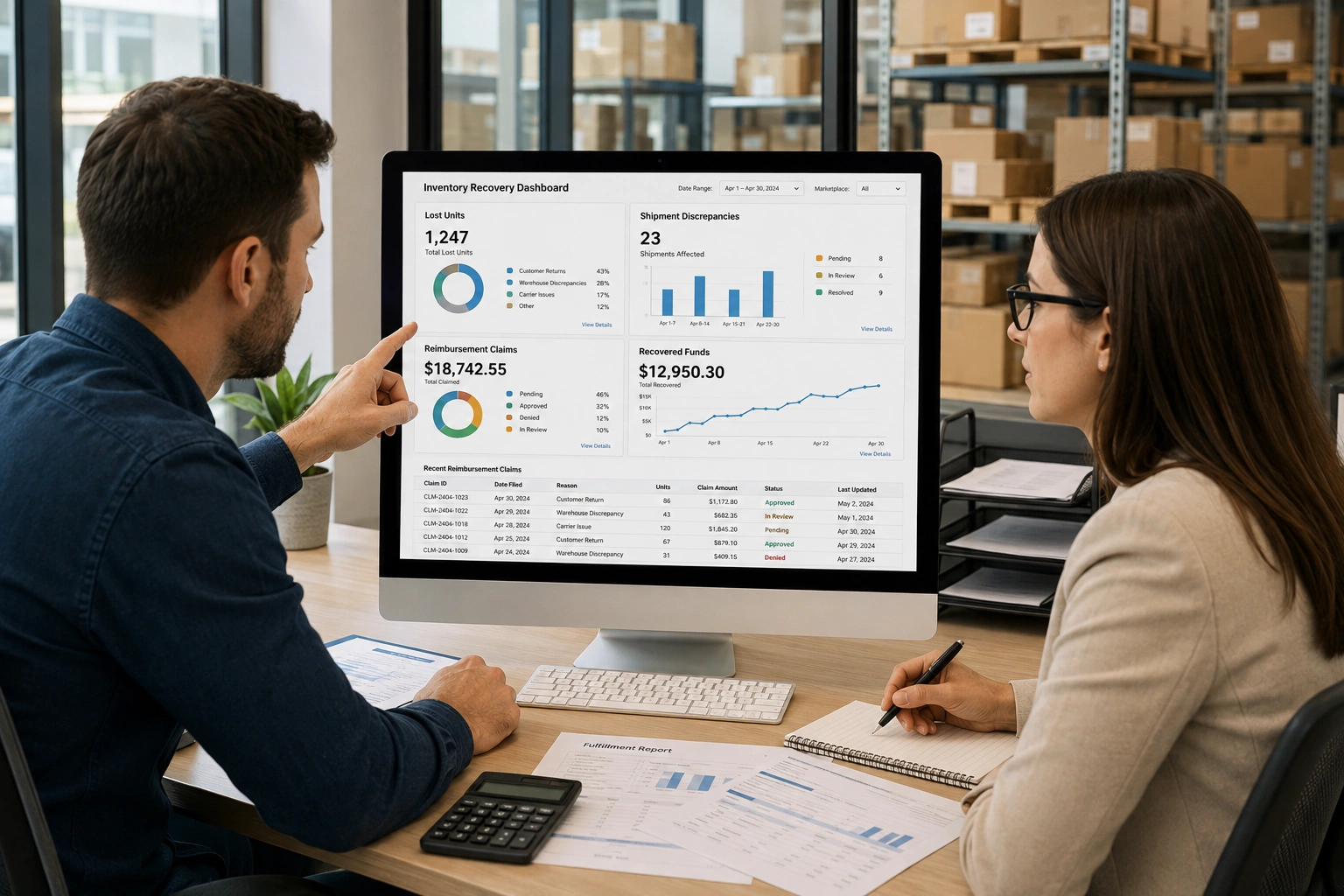 Amazon FBA seller reviewing lost inventory records and reimbursement claims.