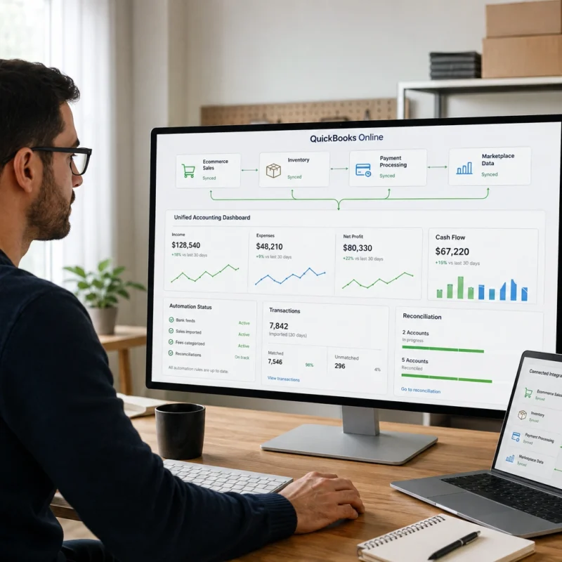 Amazon seller using QuickBooks Online integrations to connect ecommerce sales and accounting data.