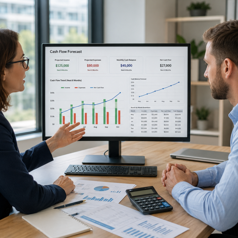 Accountant explaining a cash flow forecast and projected business finances to a business owner.