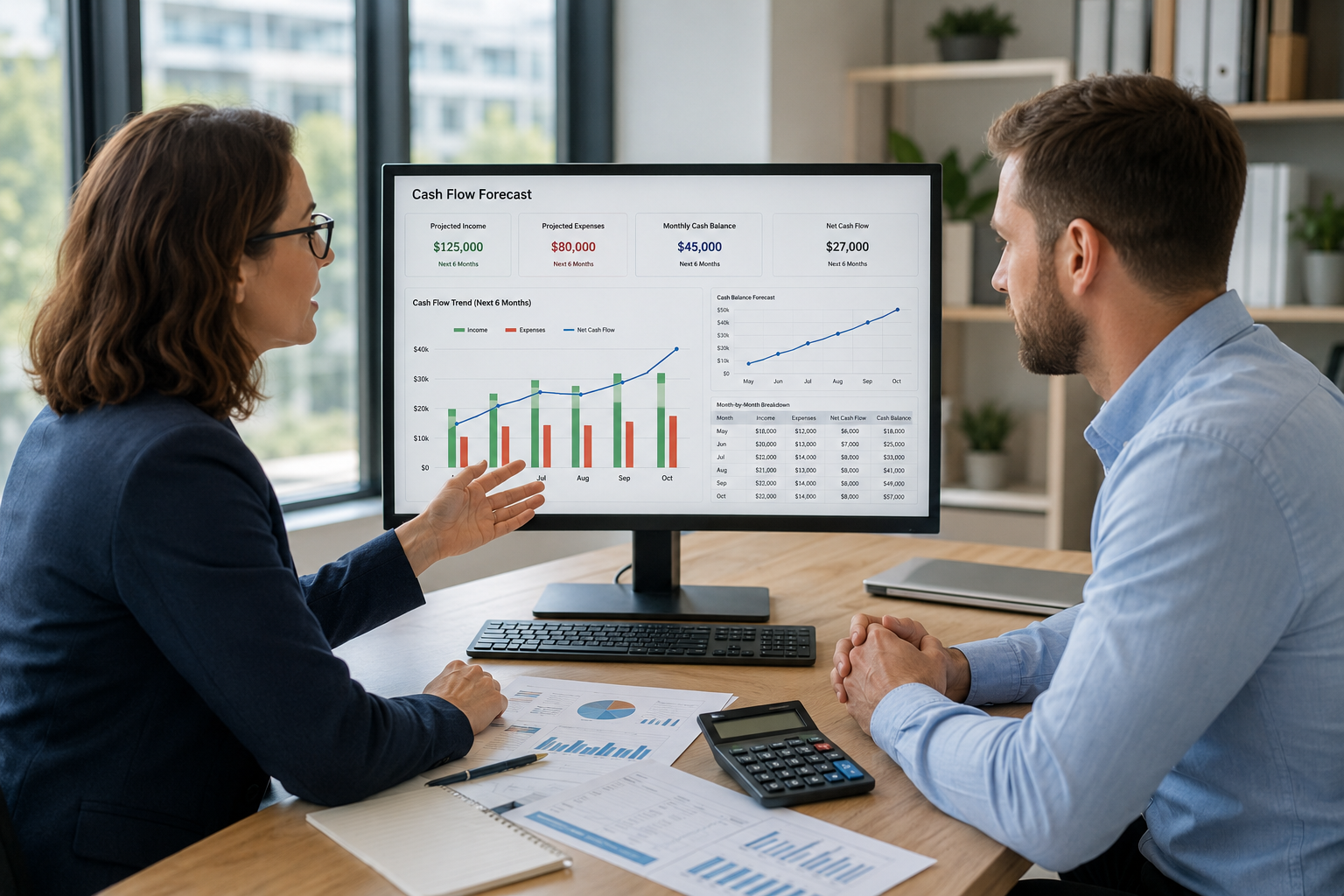Accountant explaining a cash flow forecast and projected business finances to a business owner.