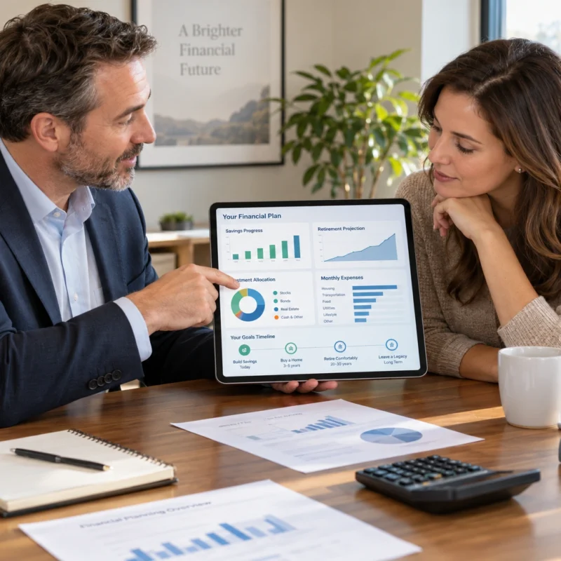 Financial advisor discussing savings, retirement, and long-term financial goals with a client.