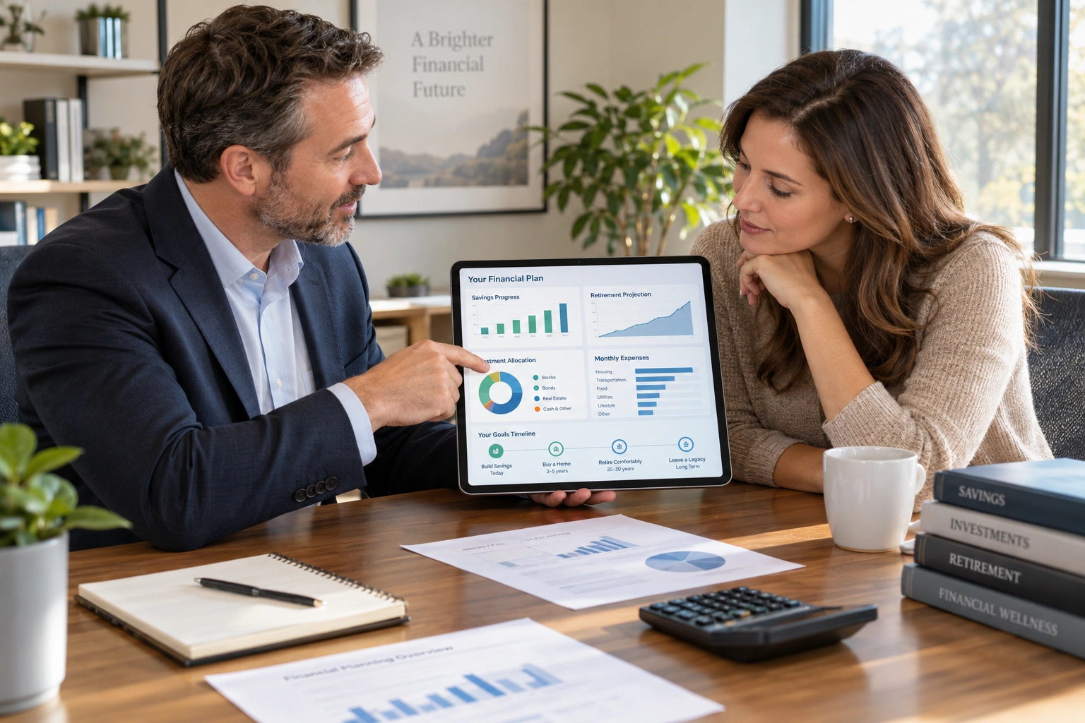 Financial advisor discussing savings, retirement, and long-term financial goals with a client.