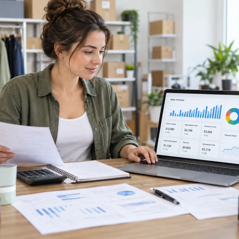 Amazon seller managing sales, expenses, inventory costs, and bookkeeping records.