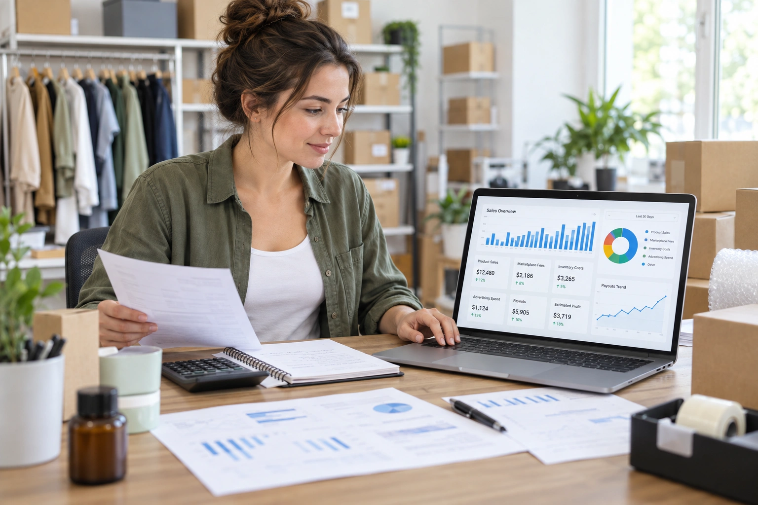 Amazon seller managing sales, expenses, inventory costs, and bookkeeping records.