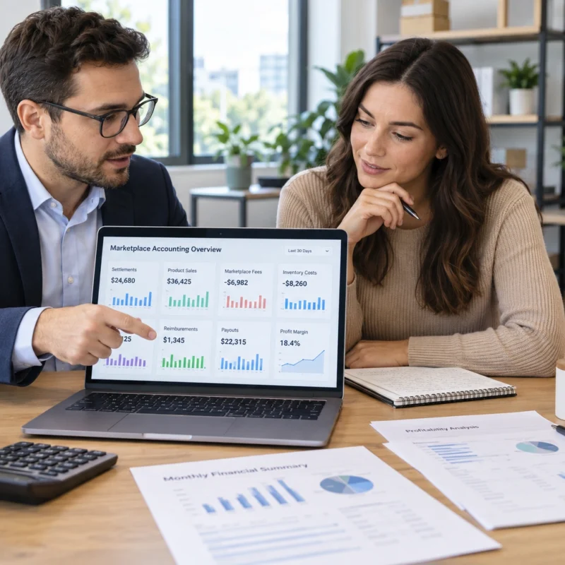 Ecommerce accountant reviewing specialized accounting services with an Amazon seller.