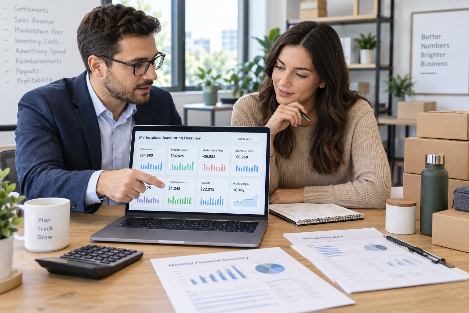 Ecommerce accountant reviewing specialized accounting services with an Amazon seller.