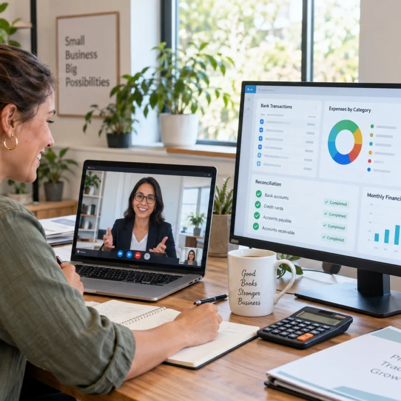 Virtual bookkeeper helping a small business manage transactions, invoices, reconciliations, and financial reports.