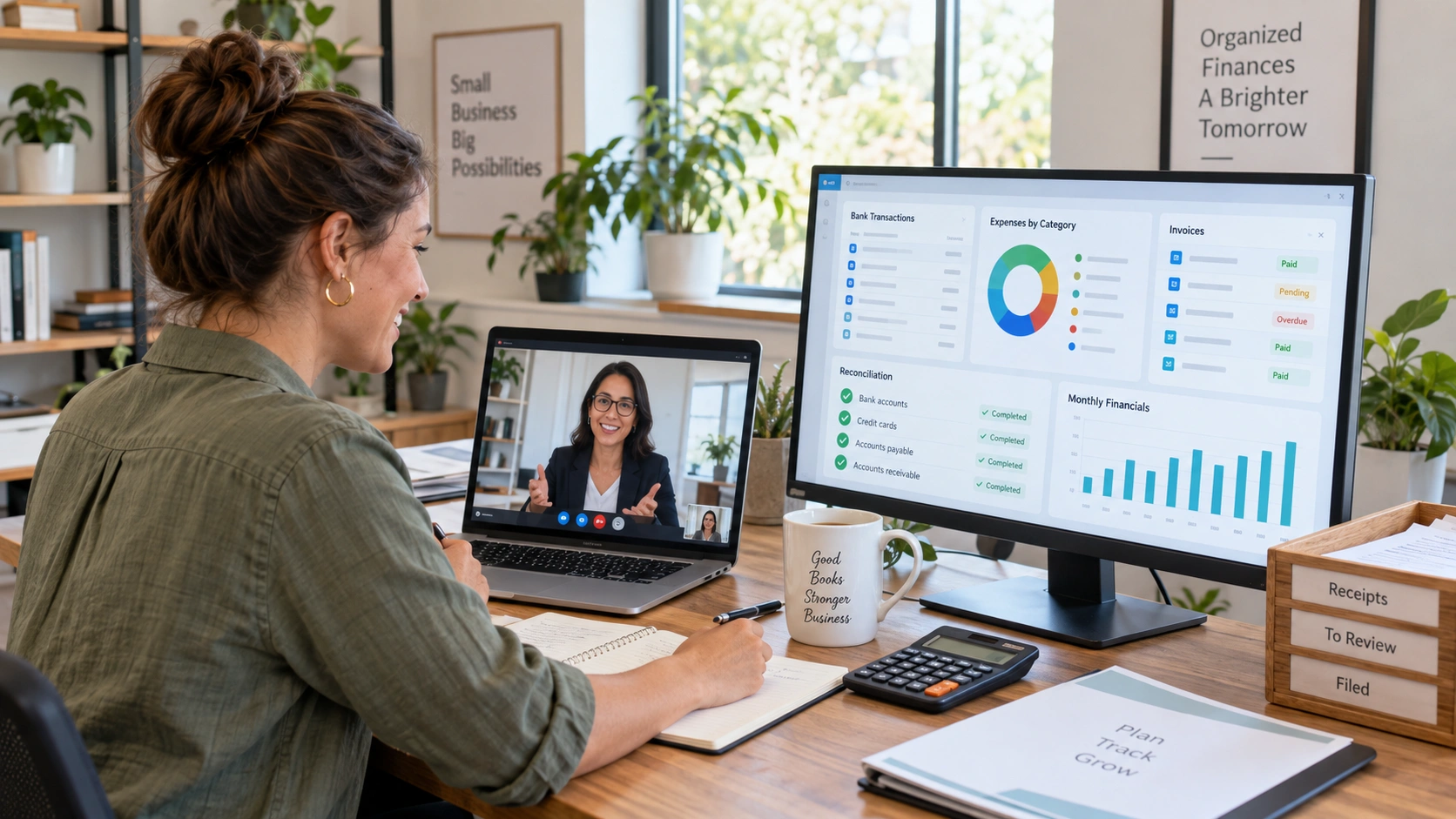 Virtual bookkeeper helping a small business manage transactions, invoices, reconciliations, and financial reports.
