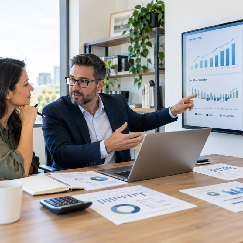 Finance consultant reviewing cash flow, budgets, and financial performance with a business owner.