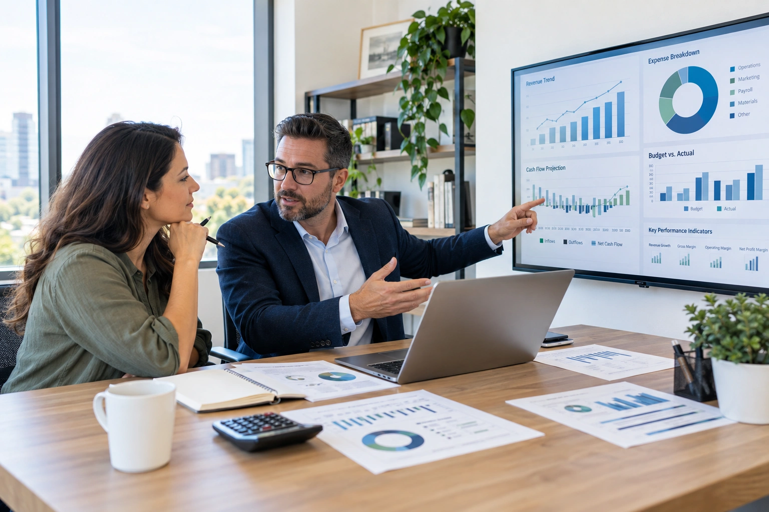 Finance consultant reviewing cash flow, budgets, and financial performance with a business owner.