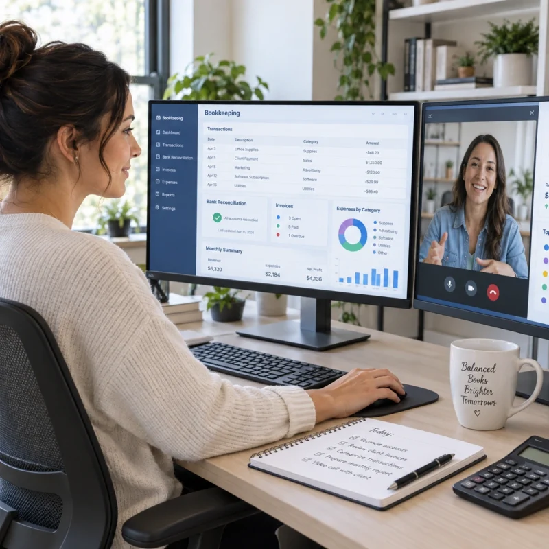 Virtual bookkeeper managing transactions, reconciliations, and financial records online.