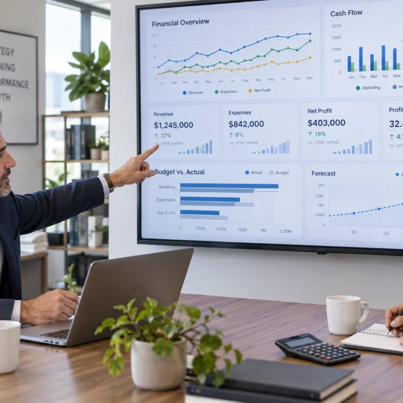 Finance consultant explaining financial planning and business performance to a small business owner.