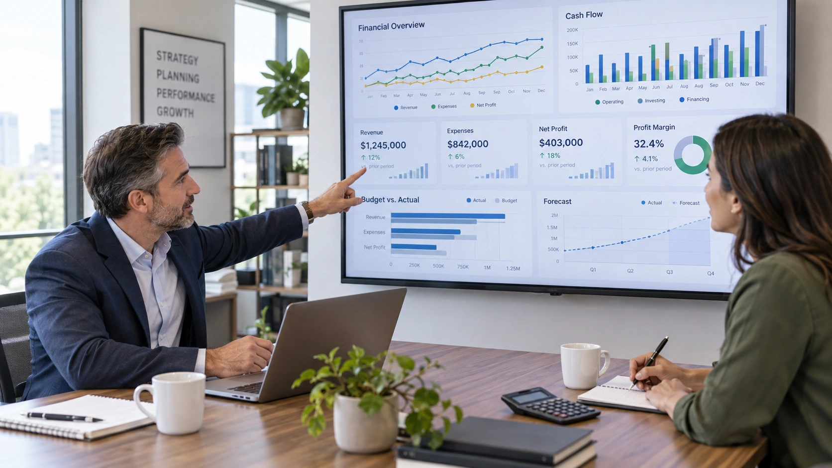 Finance consultant explaining financial planning and business performance to a small business owner.