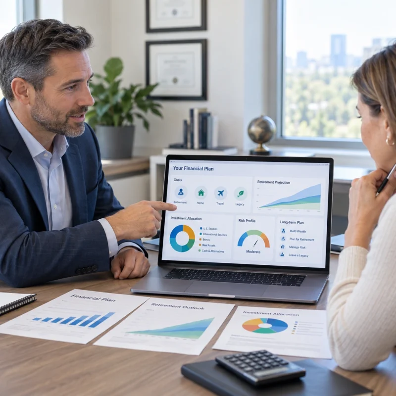 Registered financial consultant reviewing financial goals and long-term planning with a client.