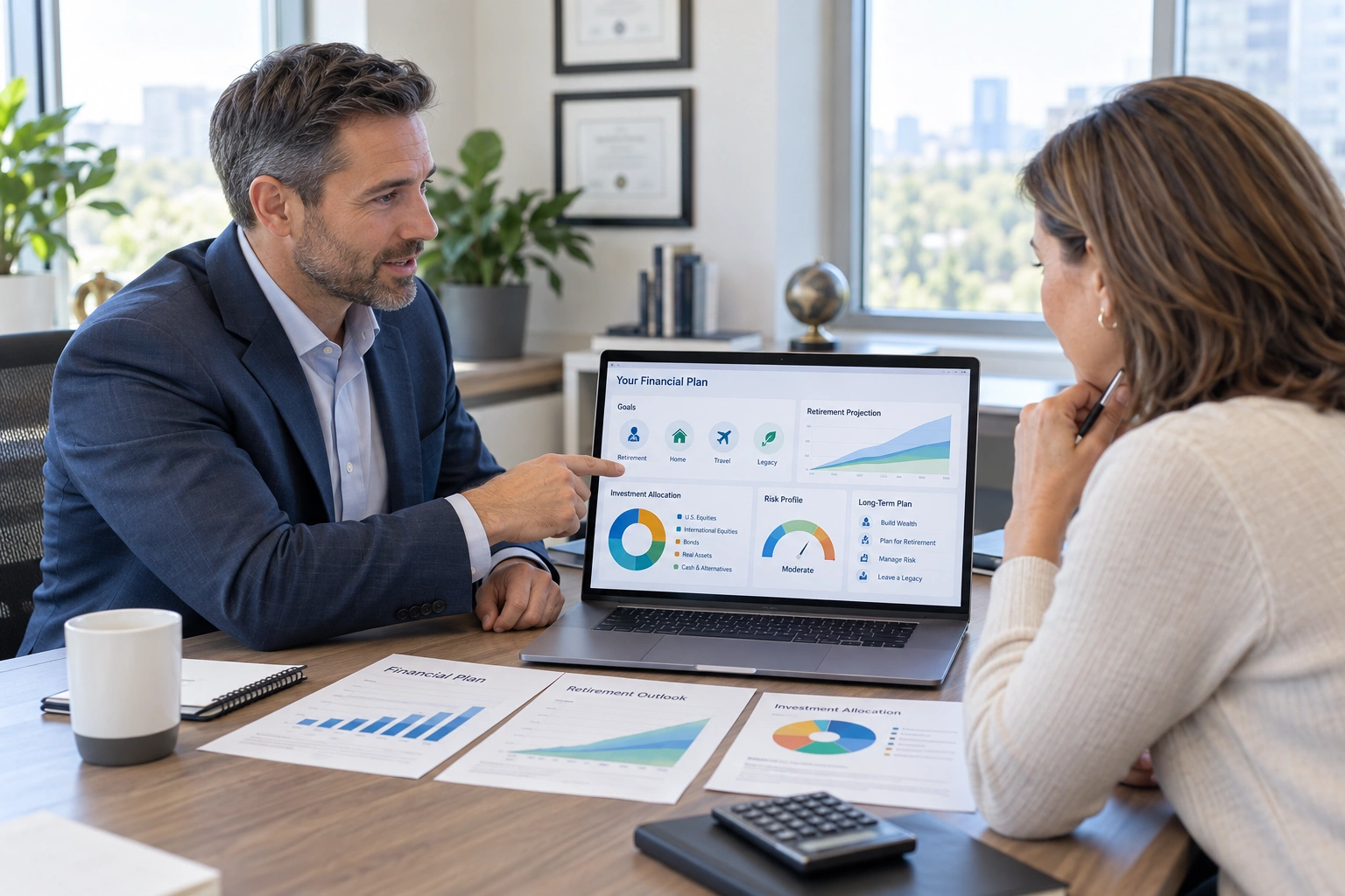 Registered financial consultant reviewing financial goals and long-term planning with a client.