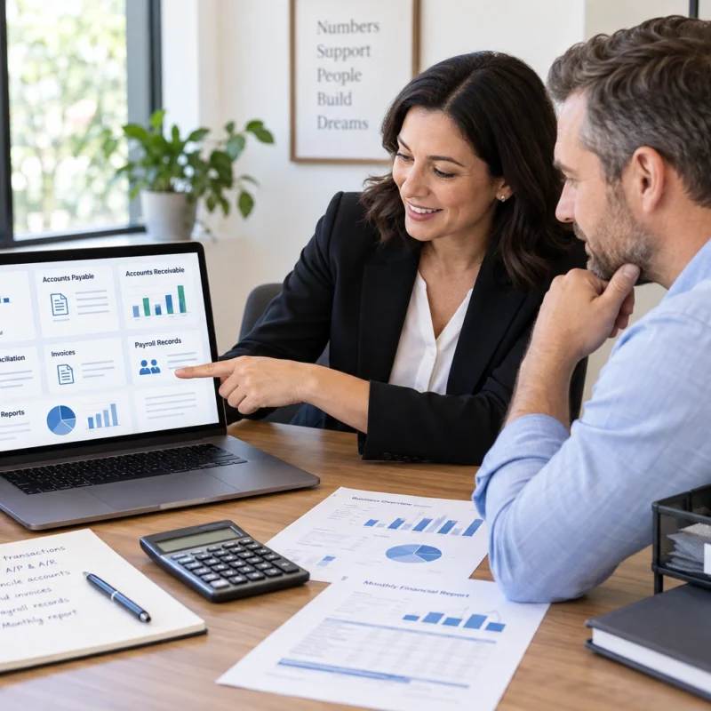 Bookkeeper reviewing transactions, reconciliations, invoices, and financial reports for a small business.