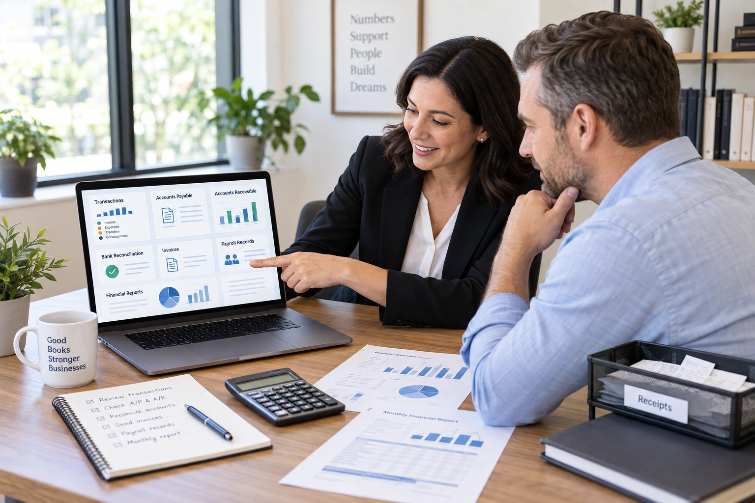 Bookkeeper reviewing transactions, reconciliations, invoices, and financial reports for a small business.