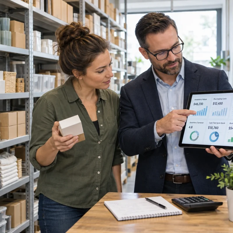 Retailer analyzing inventory levels, sales, and cash flow with a financial consultant.