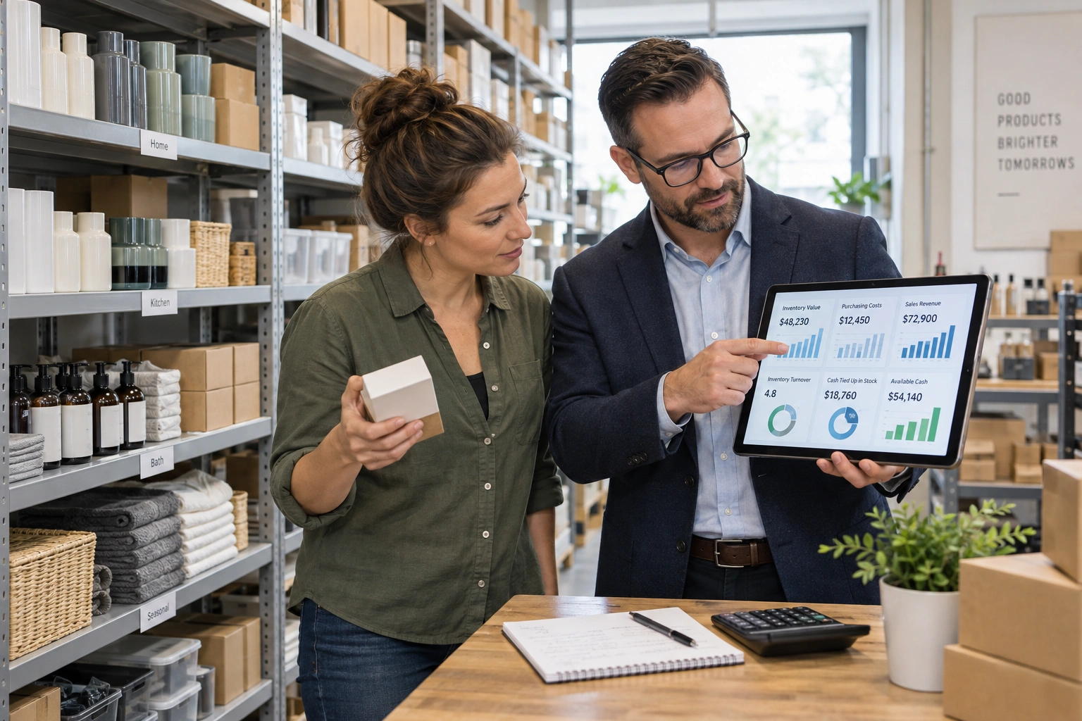 Retailer analyzing inventory levels, sales, and cash flow with a financial consultant.